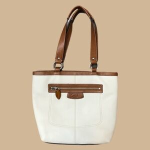 Coach  White and Brown Hamptons Style Pebbled Tote Bag
